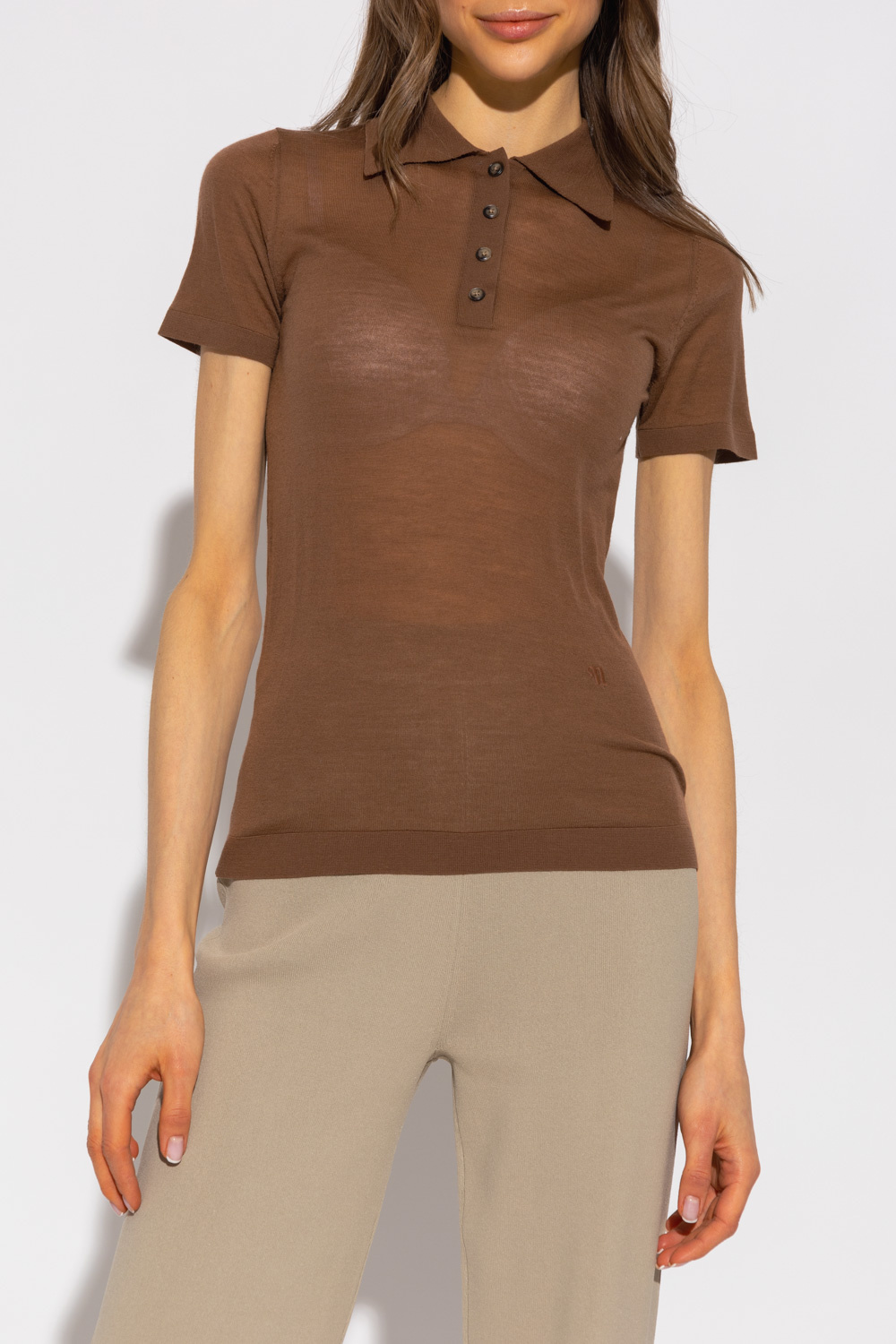 Nanushka Hatti Ribbed Knit Merino Wool Polo in outlet Tan/Brown